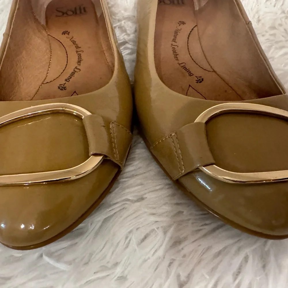 Sofft Patent Leather Tan Flats with Gold Buckles